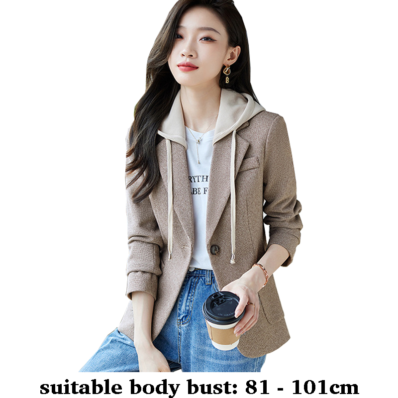 High quality women woolen blazer slim one button jacket with hooded new autumn winter 2025 elegant office clothes purple khaki