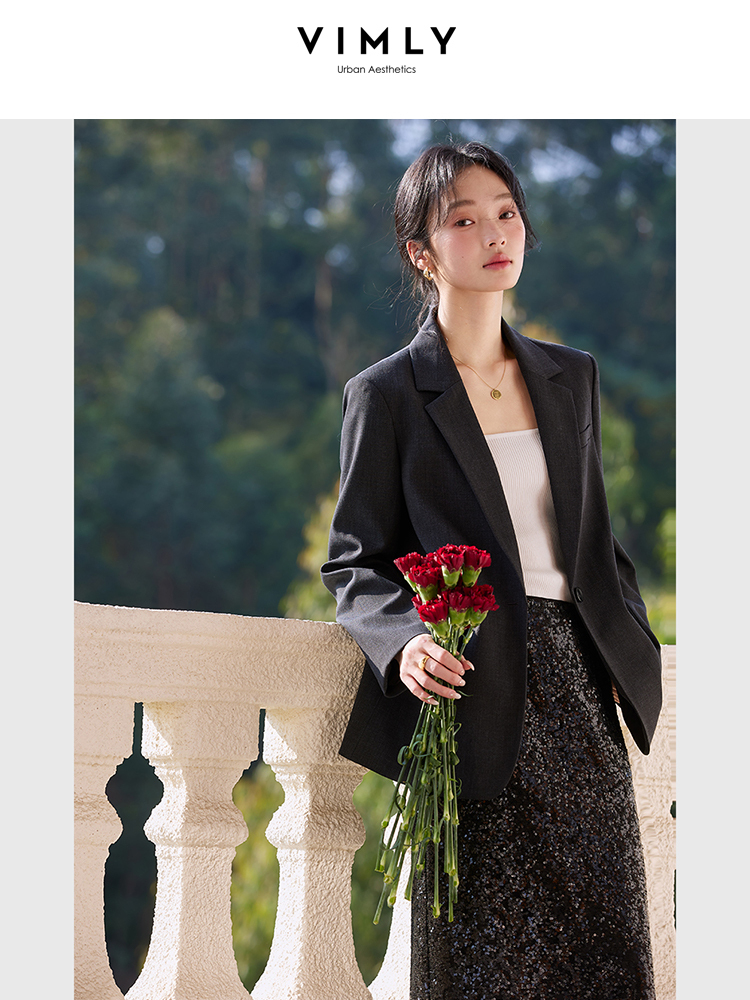 VIMLY Elegant Blazer Ladies Commuter Tailored Coat Long Sleeve Women's Jacket 2025 Spring Autumn High-end Loose Outerwear A0990