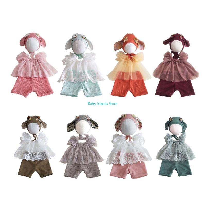 K92D Newborns Photography Outfit Girls Lace Dress Animal Ears Hat Soft Cotton For Baby Photoshoots Celebrations