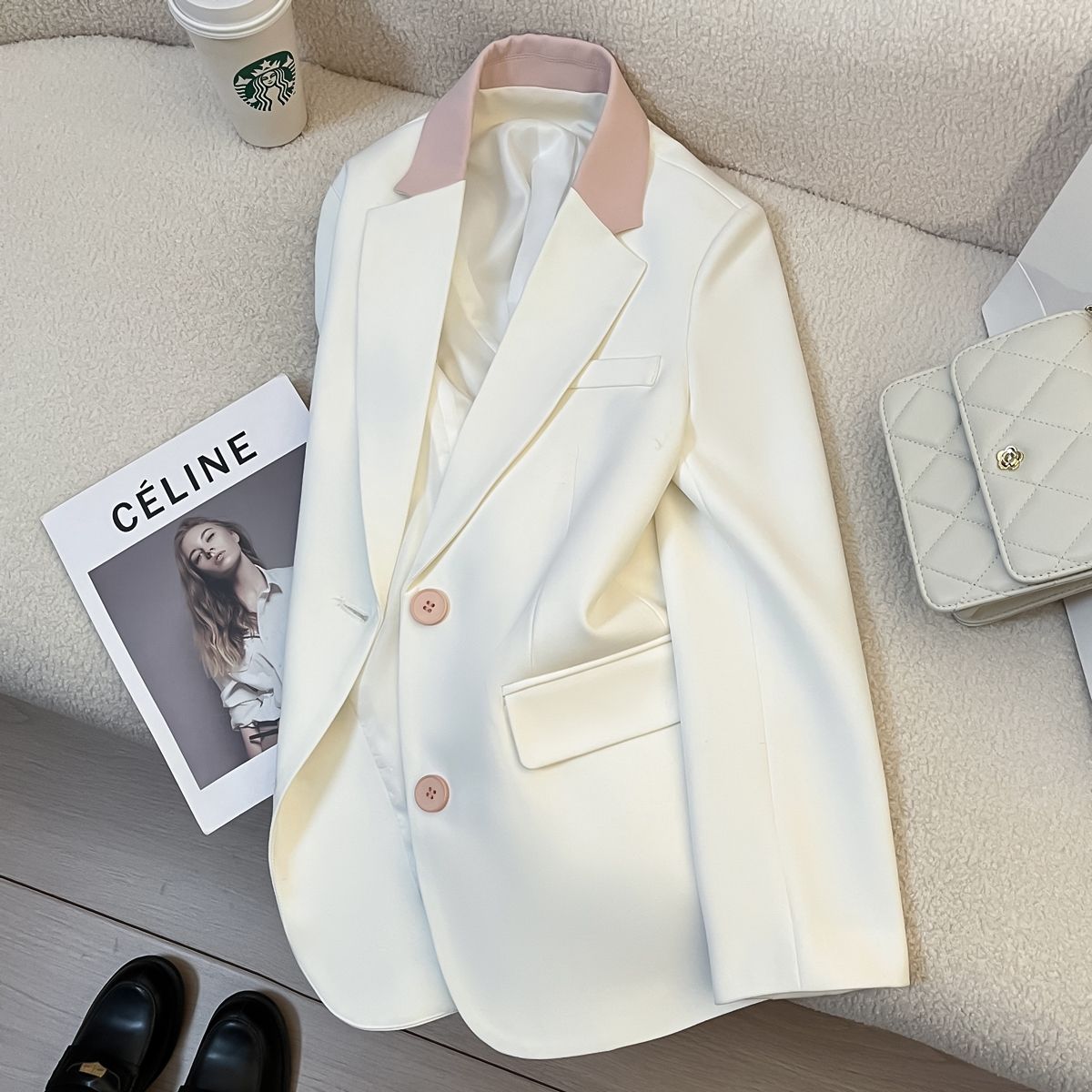 White  blocked casual suit jacket, women's design sense, Spring and Autumn Korean new fashion design,  temperament suit