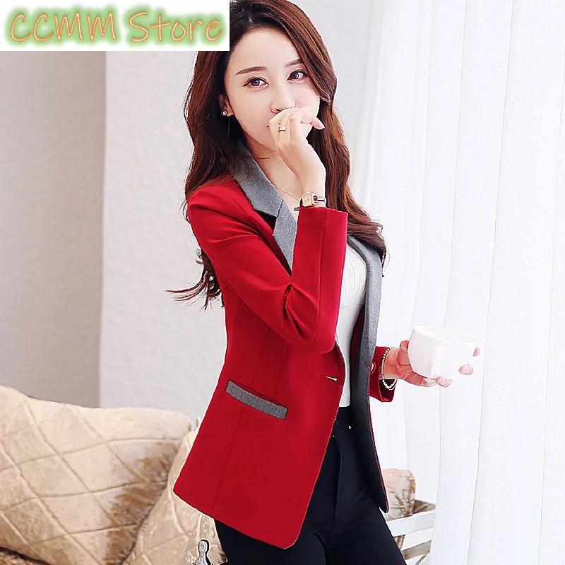 New Autumn Women's Blazer Red Color Matching Single Button Long Sleeve Temperament Lady Lining Suit Jacket Femme Black