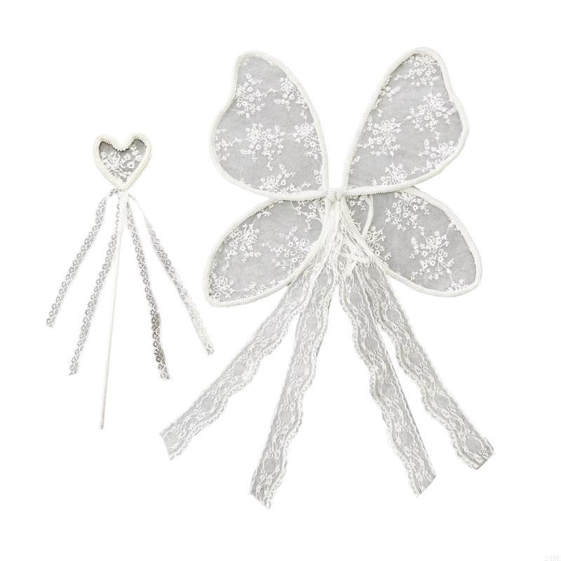 Beautiful Girls Lace Wing for Children Embroidery Accent Design Themed Event and Play Cosplay Accessories with Wand 24BE