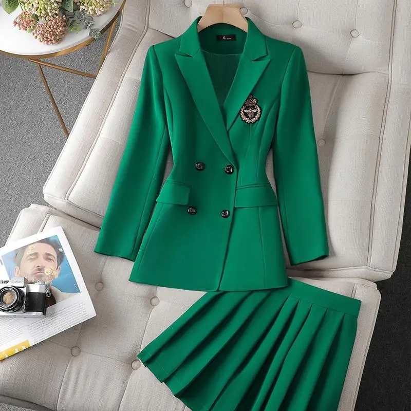 Green Suit Set 2025New Spring Autumn Longsleeved Suit Jacket Top+Skirt Fashion Slim Temperament Two-piece Clothing Setspant sets