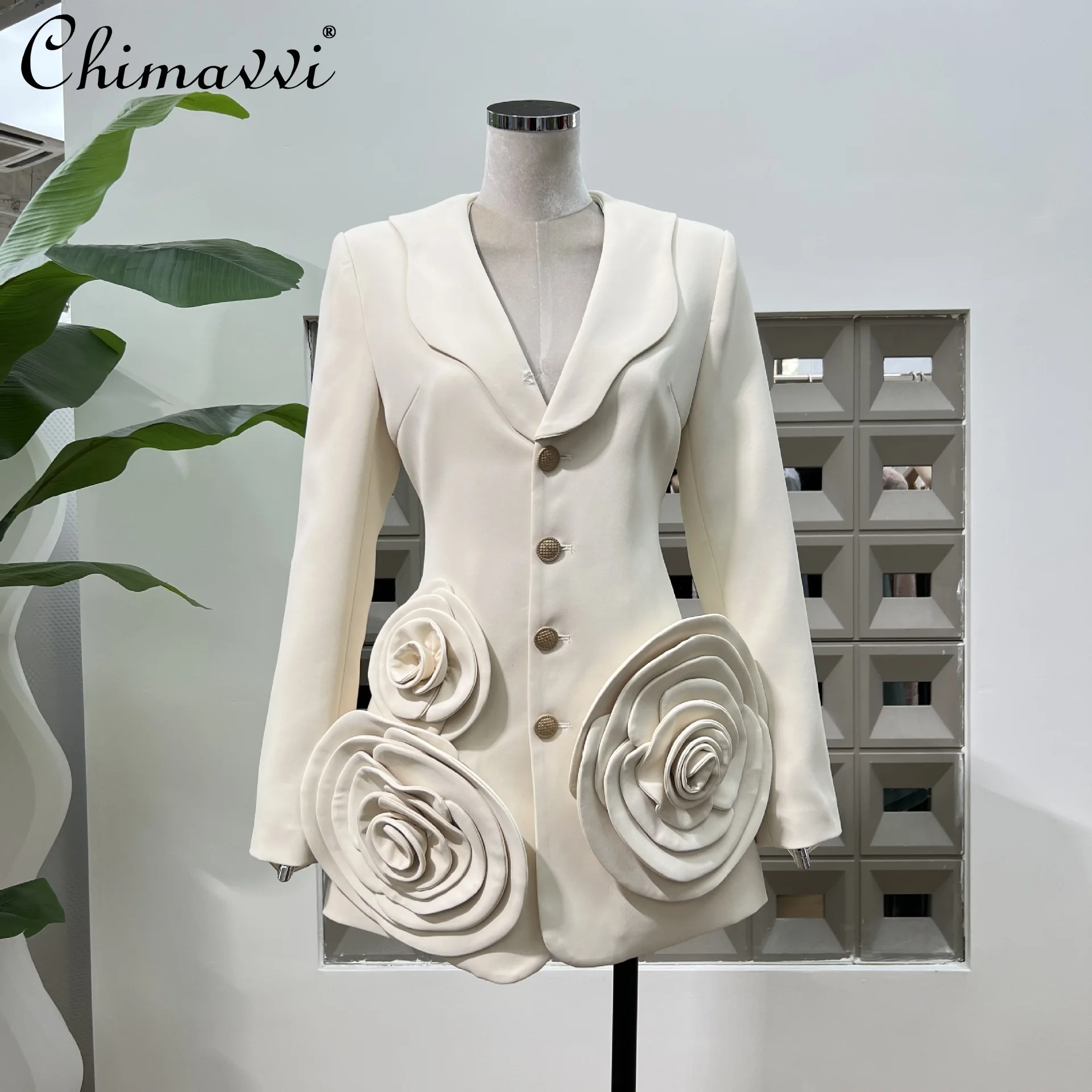 French Fashion Elegant Commuter V-neck Long Sleeve 3D Handmade Flower Single-breasted Slim Long Blazers Jacket Women Spring 2025