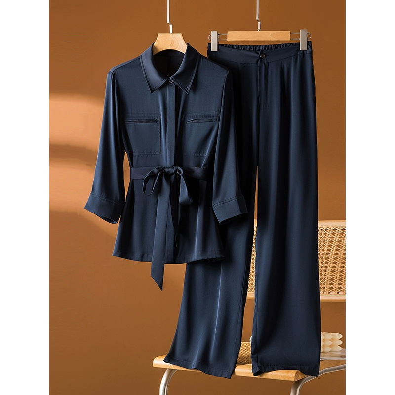 Spring Silk Pant Suits Blazers Sets Women Casual Fashion Tops Trousers Two-piece Sets Khaki Belt Commuter Navy Blue Clothing