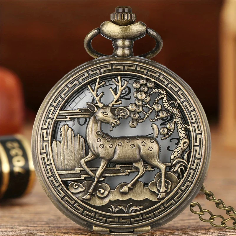 Retro Hollow Elk Flower Case Half Hunter Men Women Quartz Pocket Watch Necklace FOB Chain Arabic Number Pendant Clock