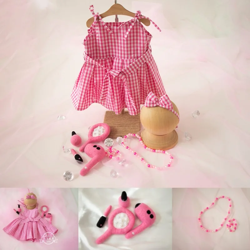 Newborn Baby Girls Photography Props Pink Set Plaid Dress Headband Handmade Cosmetic Comb Hair Dryer Necklace Studio Photo Props