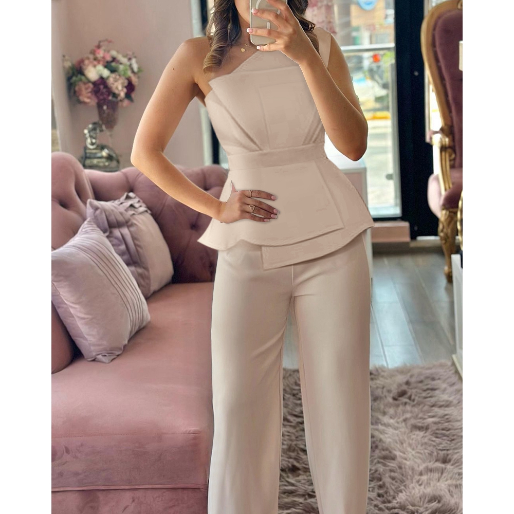 Women One Shoulder Slim Waist Top & Straight Pants Set Elegant Business Attire for Women Office Sleeveless y2k Two Pieces Sets
