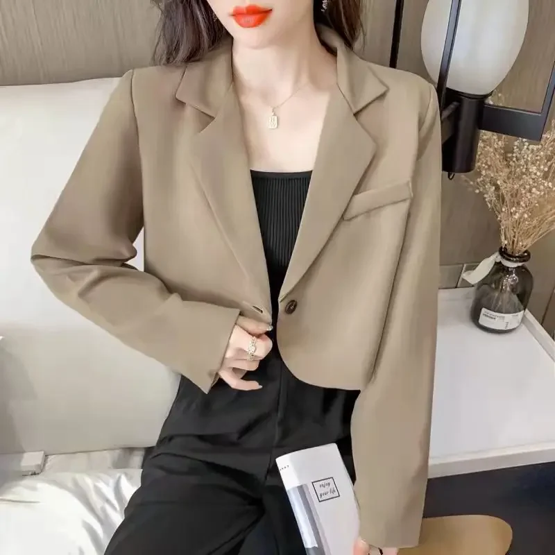 Korean Cropped Blazers Women Solid Color Simple Single-button Outwear Teens All-match Long Sleeve Office Suit Jacket