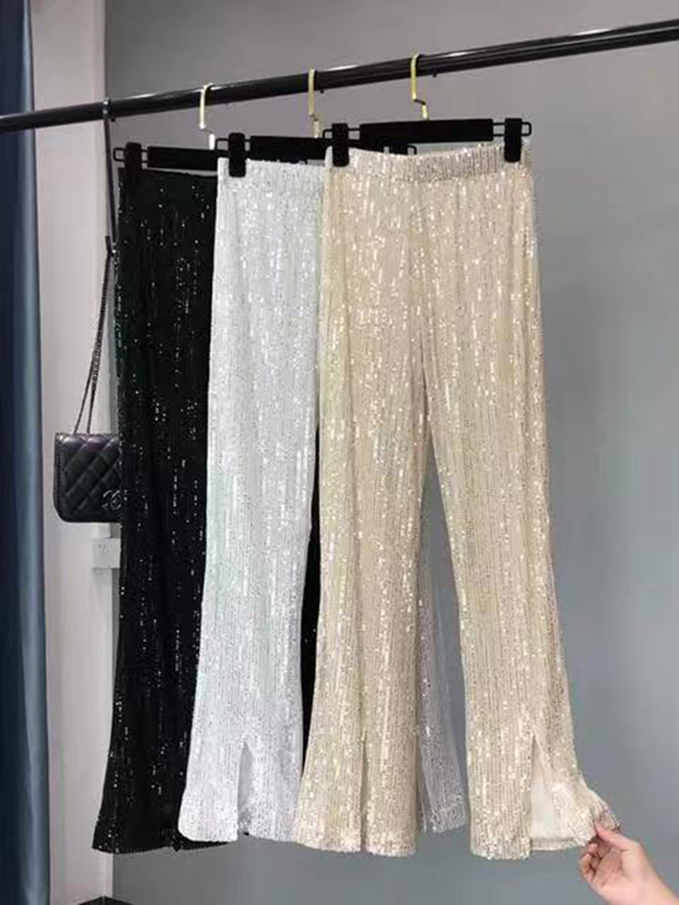 Fashion Pants Woman Elastic Waist Sequins Slit Cut Wide Leg Trousers Shiny Full Length Straight Female High Street ropa de mujer