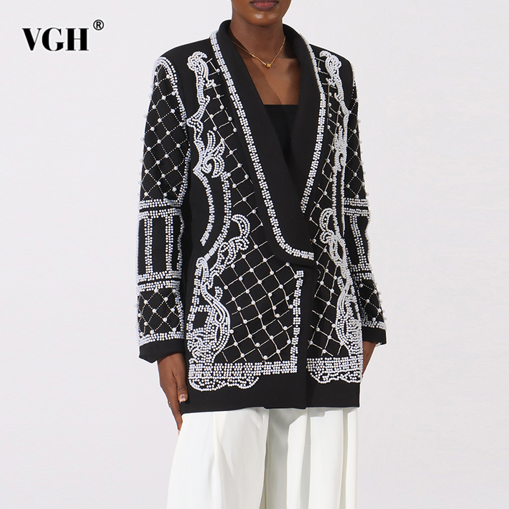 VGH Solid Spliced Diamond Pearl Tunic Blazer For Women Notched Collar Long Sleeve Temperament Luxury Coat Female Fashion Style