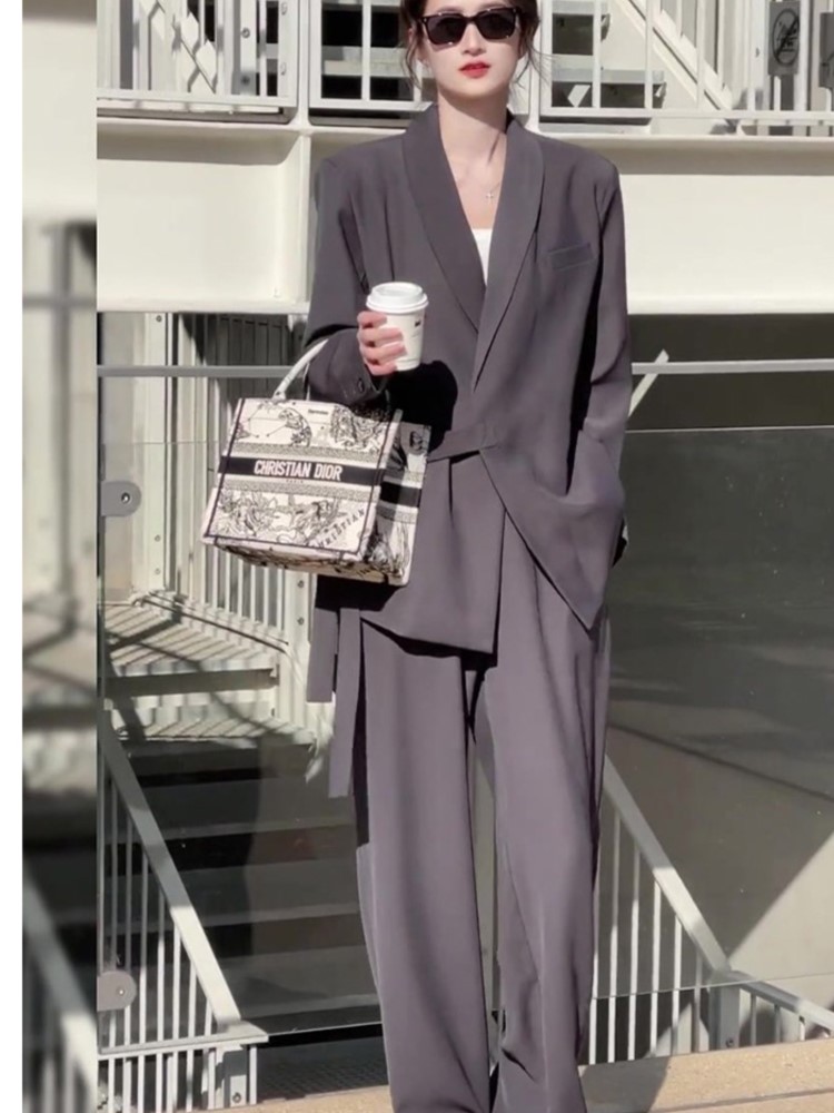 Office Lady Blazer Belt Pant Suits Women's Pantsuit Korean Version Notched Baggy Pants Summer Elegant Euality Chic Women Outfit