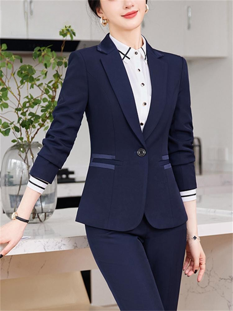 Elegant Blue 2PieceSets Office Wear Women 2025 New Fashion Turn Down Collar Slim Single Button Blazers Chic Pant Suits pant sets