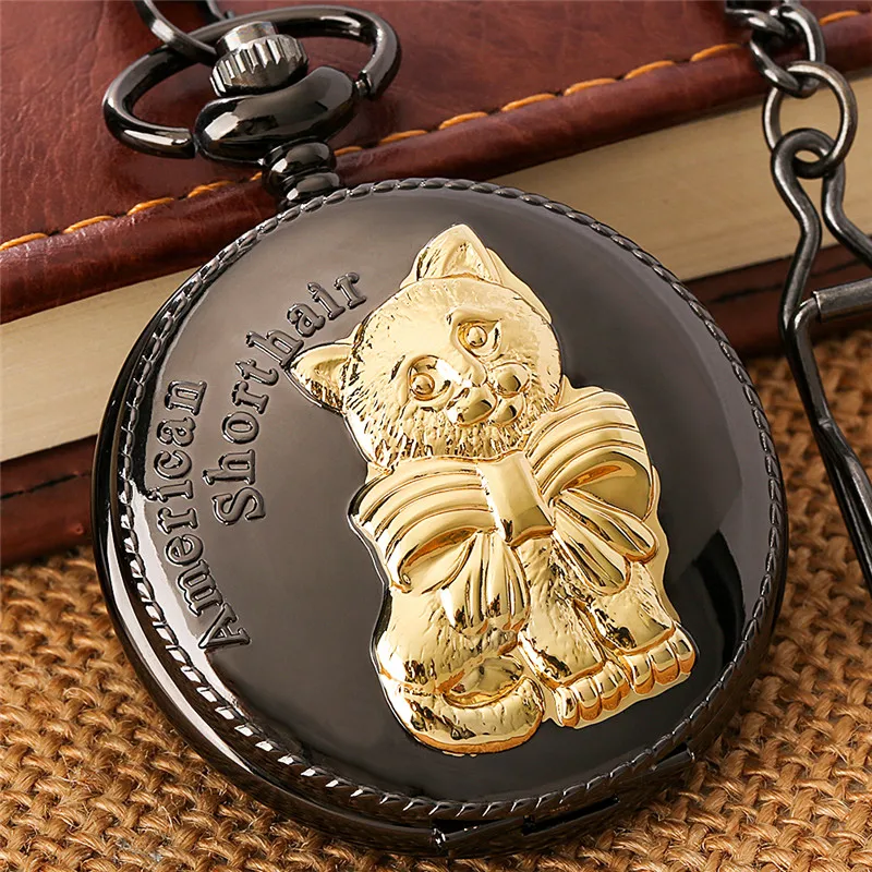 Antique Yellow Gold American Shorthair Cover Men Women Quartz Analog Pocket Watch with Fob Pendant Chain Timepiece Clock To Kid
