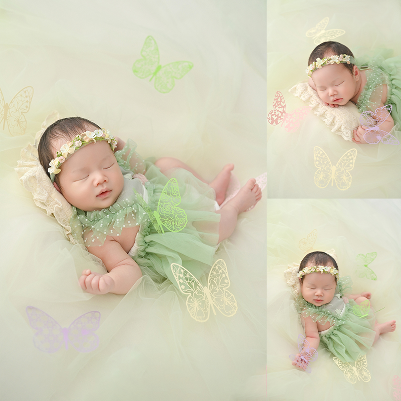 Green Theme Newborn Photography Props Baby Girl Photo Mesh Skirt Headband 2pcs/Set Baby Posing Hollow Butterfly Decorative Props