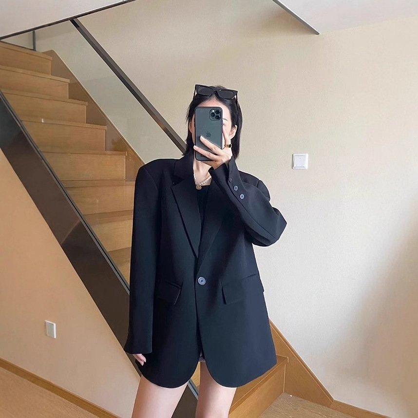 Black Blazer Women's 2025 Autumn Temperament Design Sense Korean Version Suit Loose Casual Top Small Suit