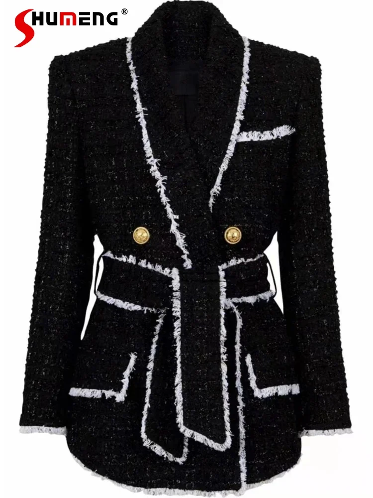 Women's 2024 New High-end Women's Clothing Tweed Waist-tight Women's Contrast Color Blazers Slimming Long-sleeve Suit Jackets