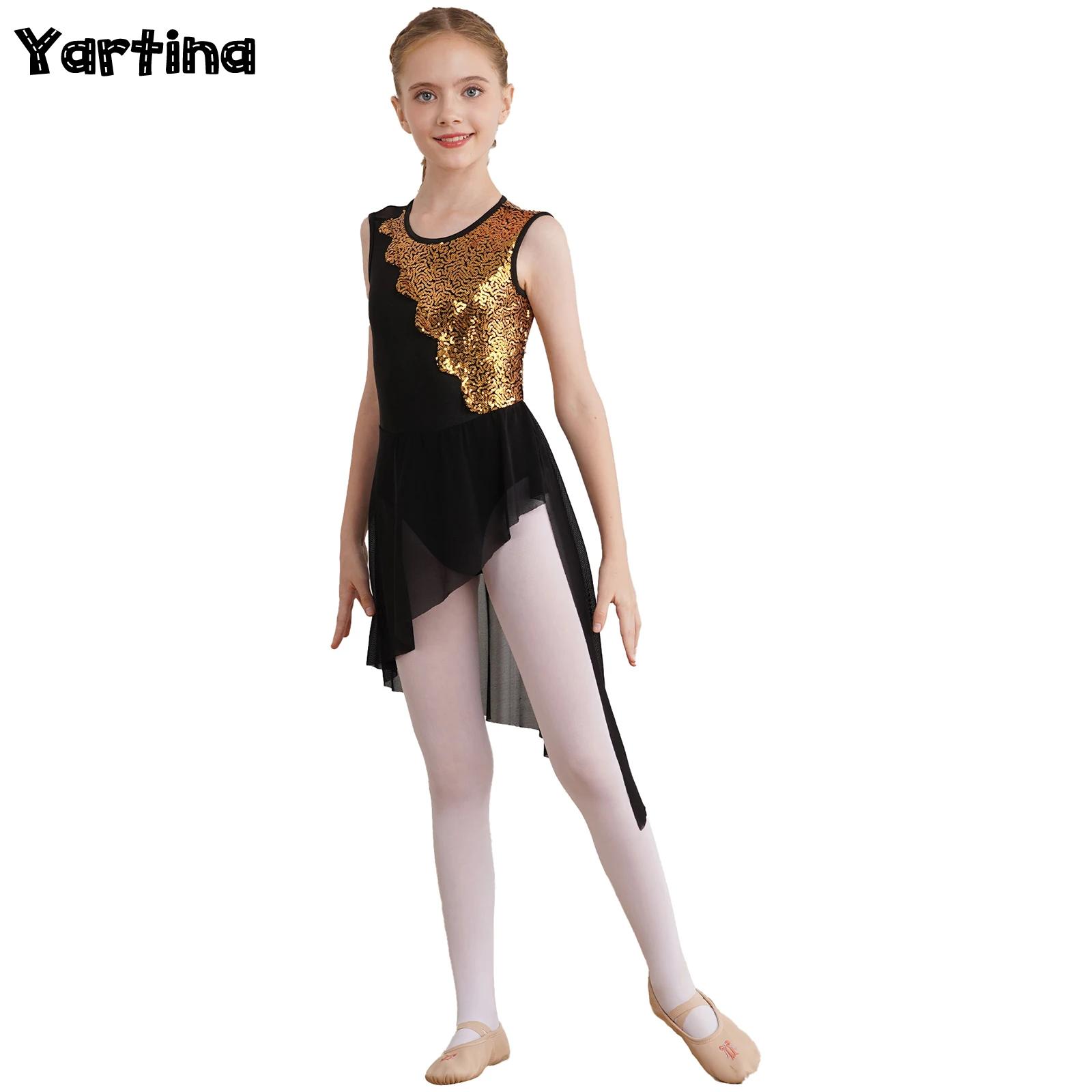 Kids Girls Ballet Tutu Skirt Lyrical Dance Dress Shiny Sequins Irregular Hem Modern Jazz Tango Rumba Contemporary Dance Dress