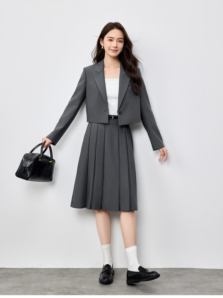 SENTUBILA Blazer Skirt Suits Office Wear Autumn 2025 Woman Short Blazer Lapel Collar Long Sleeve Pleated A-line Skirt 151Z80110Z