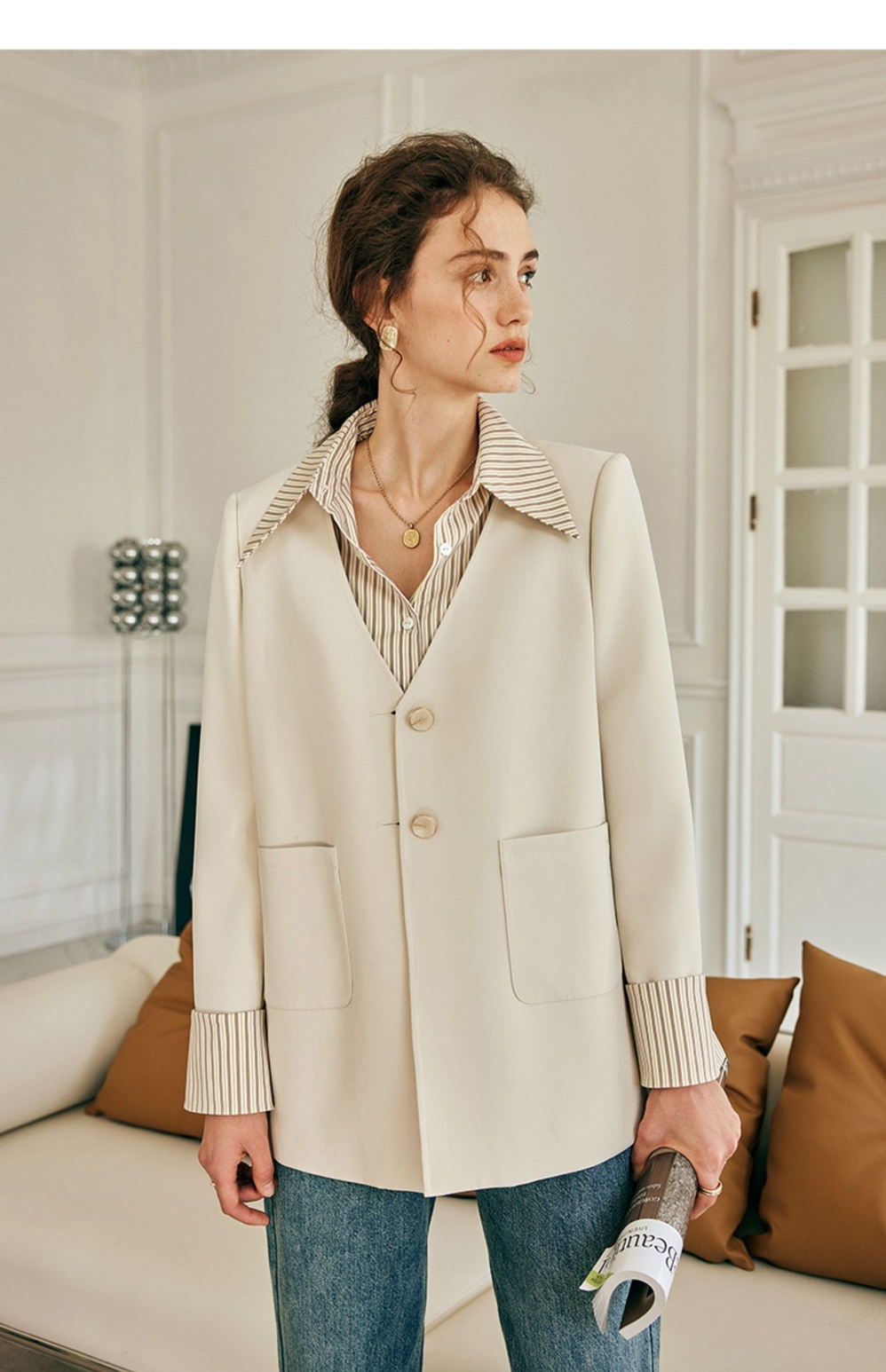 OLrain Women Autumn Blazer Illusion Two-Piece Tailoring Coat 2025 Office Lady Long Sleeve Striped Shirt Hybrid Blazer G23CW68620