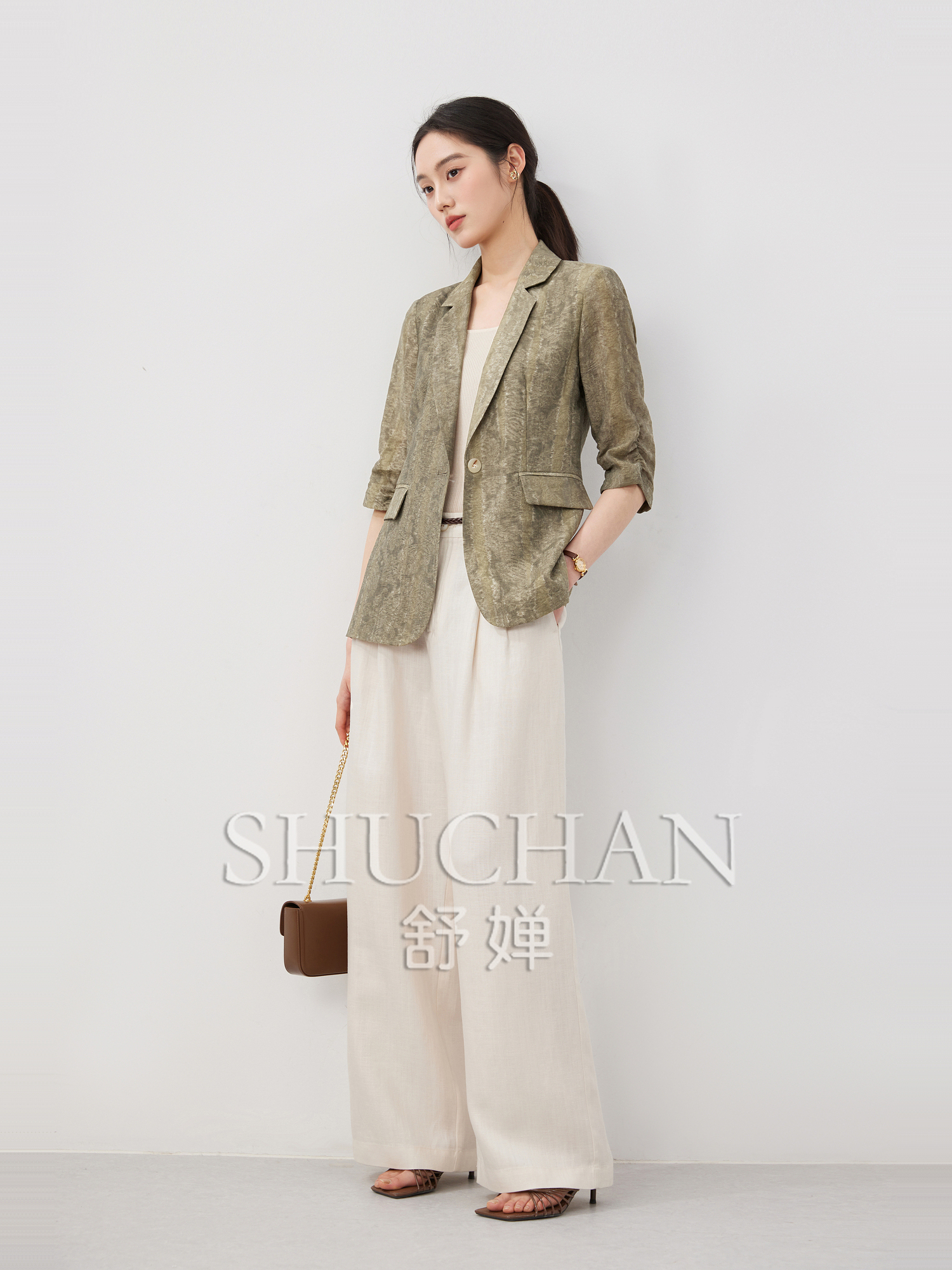 Fixed-woven Jacquard Texture Lyocell, One-button Pleated Seven-quarter-sleeved  Blazer Mujer De Moda 2025