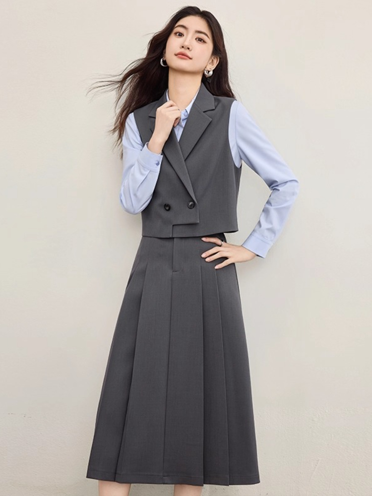 SENTUBILA Skirt Suits Solid Double Breasted Notched Lapel Asymmetrical Vest Elasticated High-Waist A-Line Pleated Skirt153ZA2894