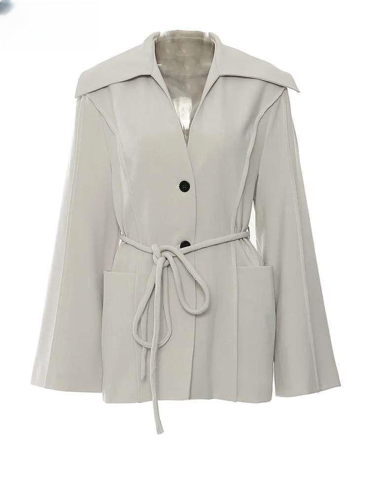 Women Gray Belted Pocket Elegant Big Size Designer Blazer New V-neck Long Sleeve Jacket Fashion Tide SpringAutumn2025 outerwears