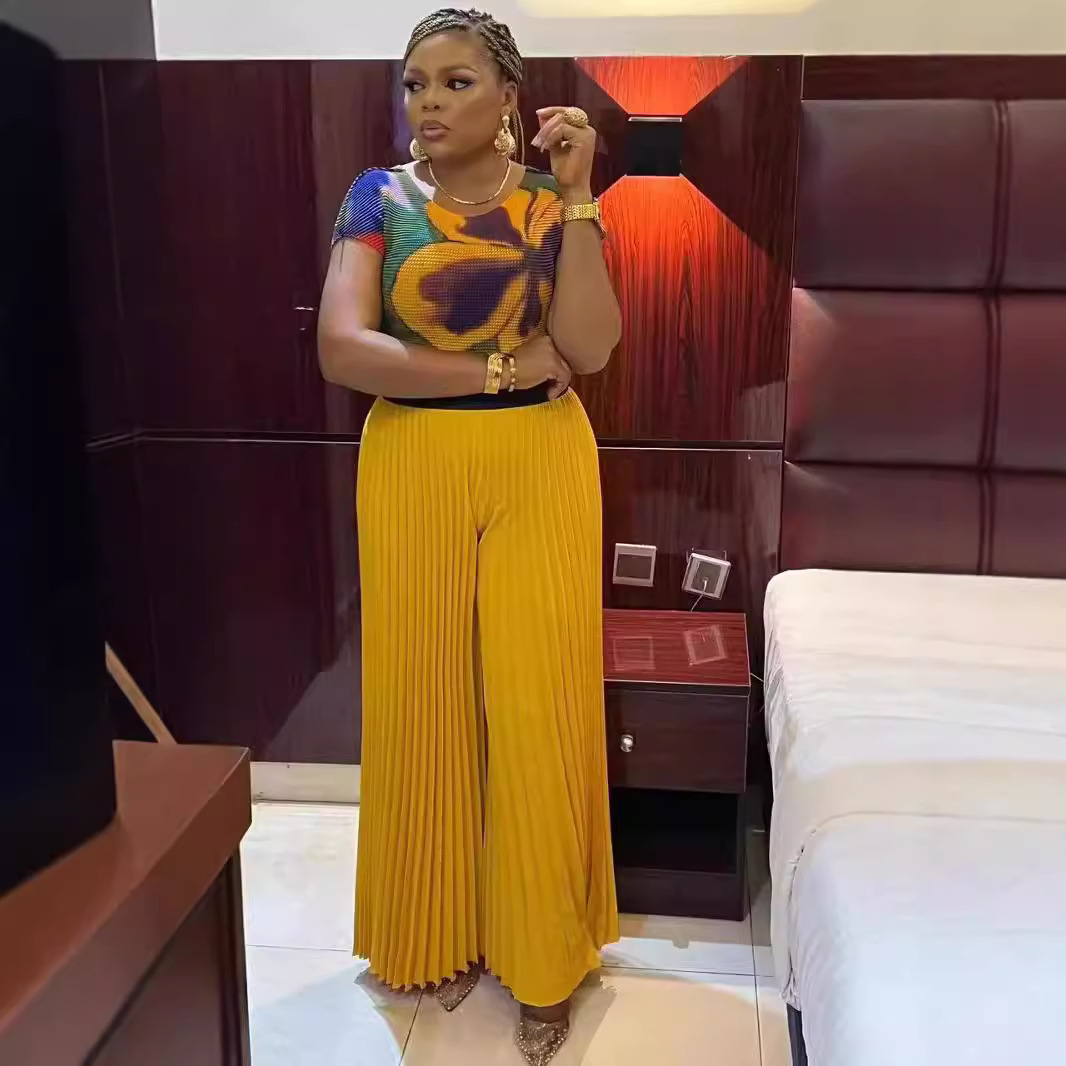 2025 New Top Quality ISSEYS MIYAKES Pleated New Printed Round Neck T Shirt High Waisted Wide Leg Pants Two Piece Set Simple