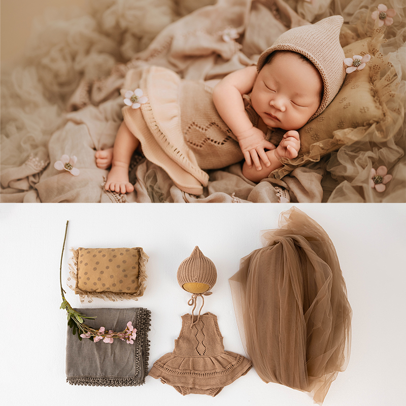 Newborn Photography Clothing Wool Knitted Baby Girl Hat Dress Lace Pillow Mesh Background Infant Shoot Props Studio Accessories