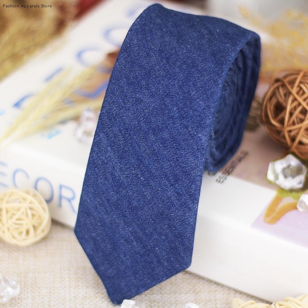 Classic Solid Color Jean Fabric Tie Narrow Adjustable Denim Men Necktie Soft Blue Retro Cravat Suit Accessories