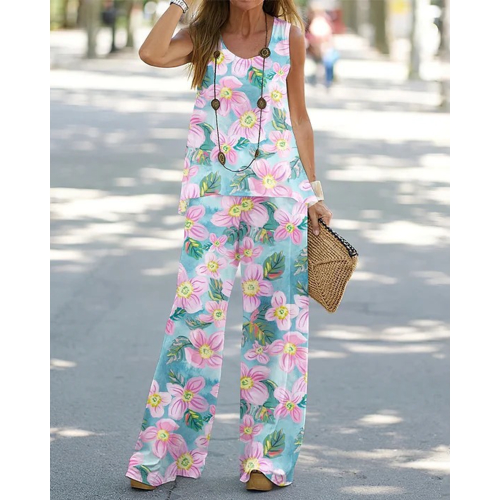 Women Floral Print Sleeveless Tank Top & Wide Leg Pants Set Loose Causal Streetwear Summer Suit Clothes Two Piece Set