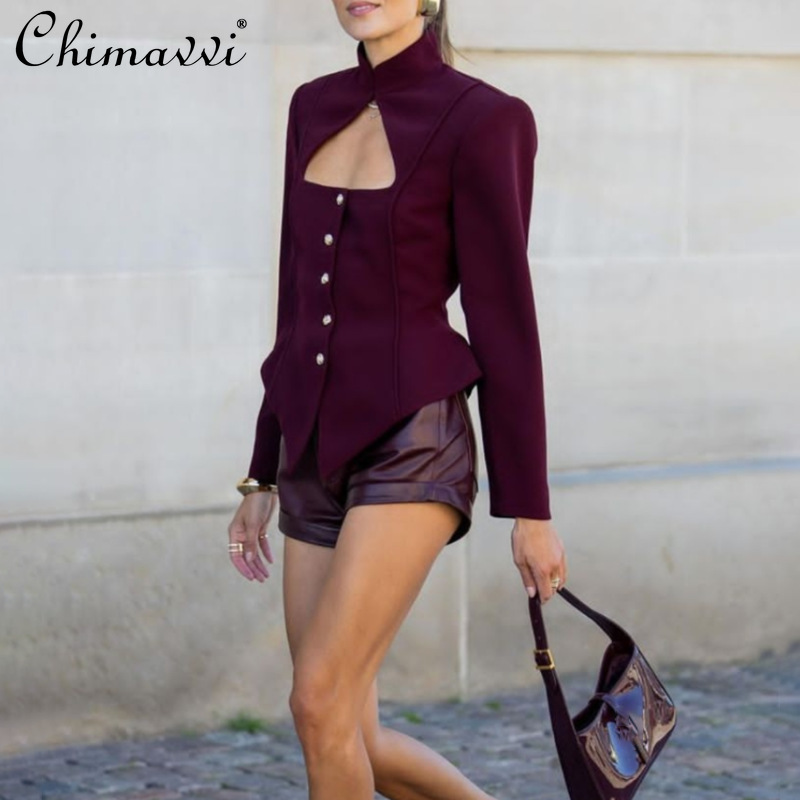 2025 Spring New Stand-up Collar Hollow High-end Long-sleeved Fashionable Sexy Style Single-breasted Solid Color Blazer For Women