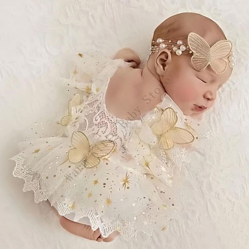 Baby Girls Studio Photo Shooting Outfit Baby Butterfly Glitter Star Lace Romper with Pearl Headband Newborn Photography Props