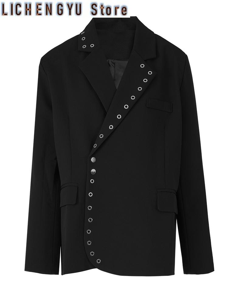 Women Black Rivet Big Size Casual Blazer New Lapel Long Sleeve Loose Fit Jacket Fashion Tide Spring Autumn