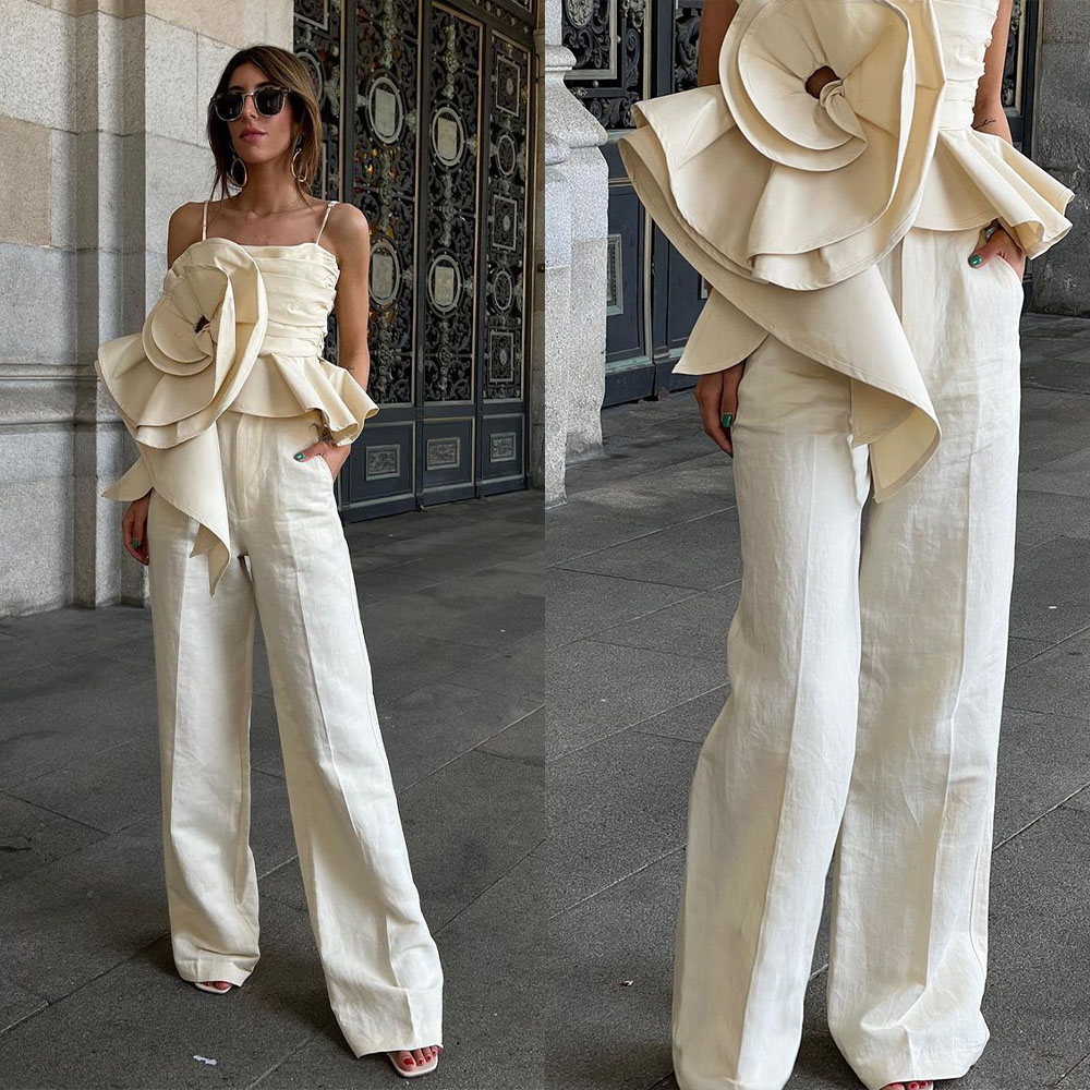 Spaghetti Straps  2 Pieces Modern Women Suit Linen Blend Top Pants Sexy Mother Of The Bride Work Wear Fashion Prom Tailored