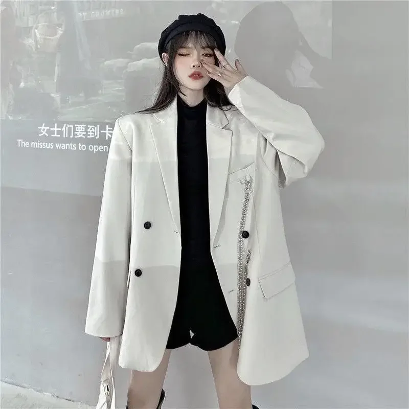 2023 Women Fashion Double Breasted Loose Blazer Korean High Street Long Sleeve Suit Jacket Black Notched Collar Ladies Outerwear