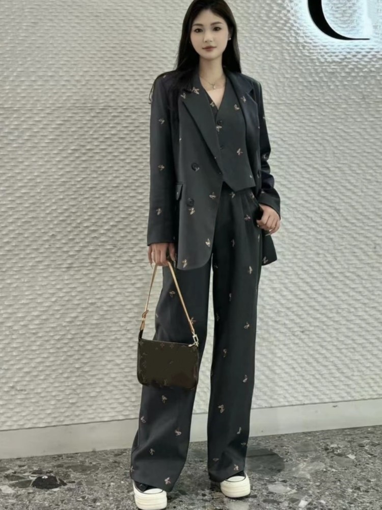 Women Fall Blazer Pantsuit Butterfly Pattern Casual Business Formal Suit Jacket Straight Leg Pants 3 Pieces Set Female Clothes