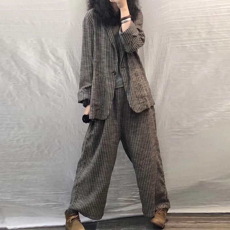 2025 Spring Autumn Women Suit Large Size Casual Suits Fashion Art Retro Loose 2 Piece Set Women Suit Blazer And Pants Linen Set