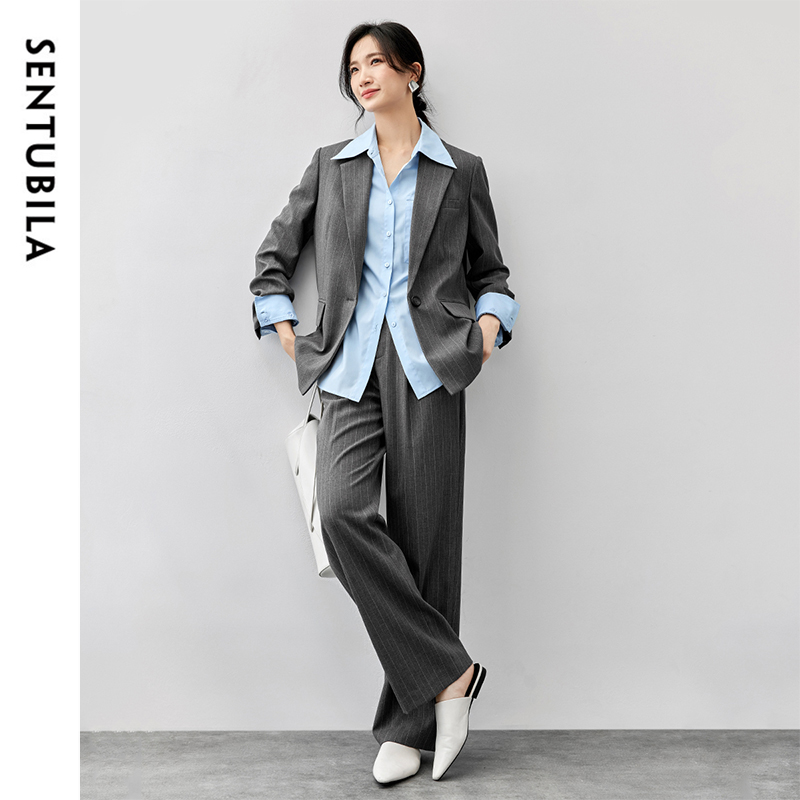 SENTUBILA Women's Texture Striped Pant Suits 2025 Winter Notched Neck Single Button Straight Leg Pants 2 Piece Set 143Z56524