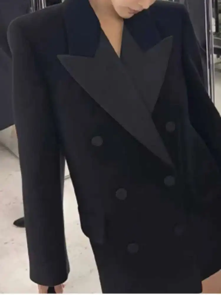 2025 New Elegant Blazer Coat European Style Lapel Double Breasted Black All Match Mid Length Jacket Women Spring Autumn