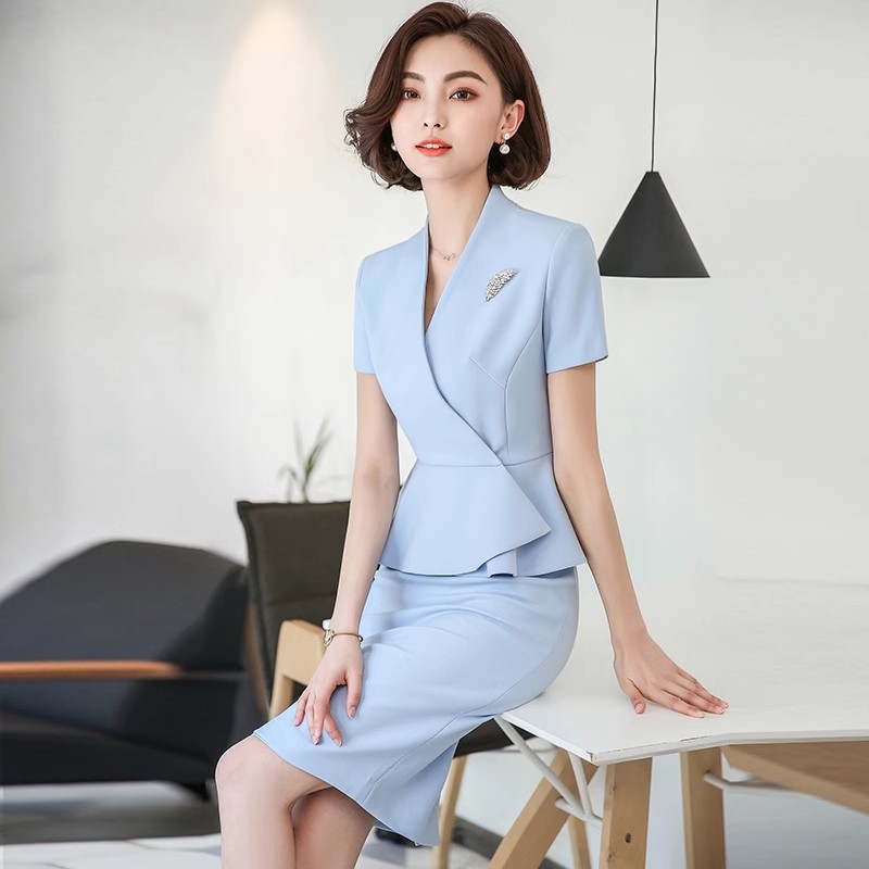 Short Sleeve Professional Suit Women 2025 Summer New Socialite Light Blue Suit Set Dress Jewelry Store Beauty Salon Workwear
