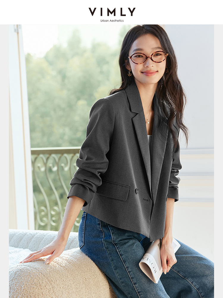 VIMLY Grey Cropped Blazer Woman 2025 Spring Women's Elegant Jacket Female Outerwear Fashion Lady Textured Jacket Workwear A0368