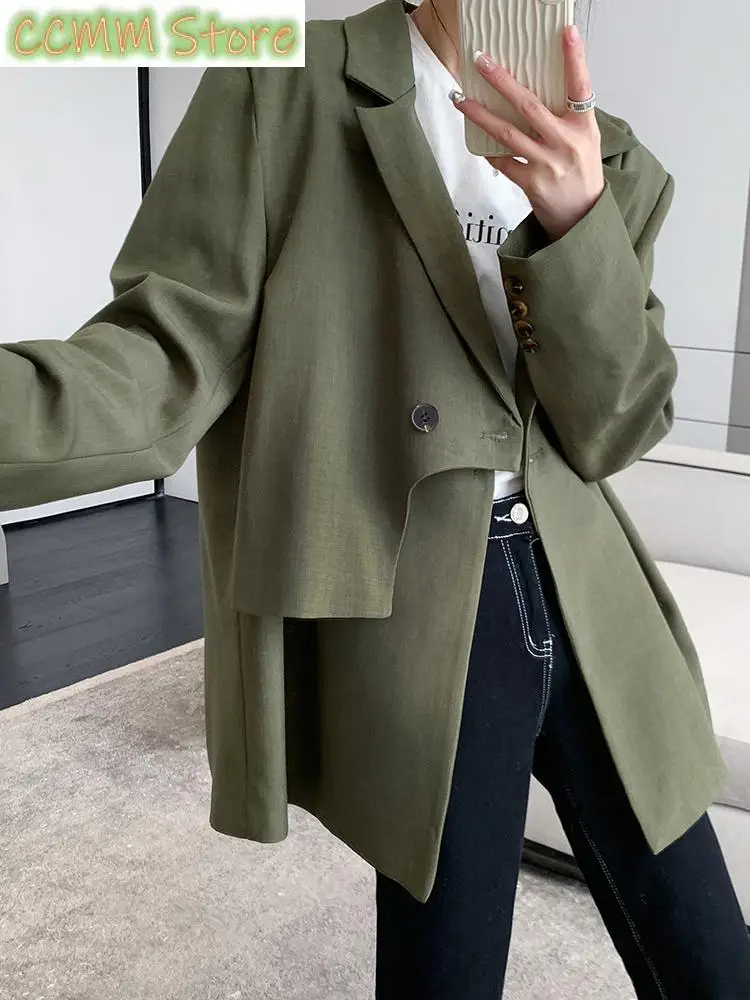 Women Green Irregular Big Size Casual Blazer New Lapel Long Sleeve Loose Fit Jacket Fashion Spring Autumn