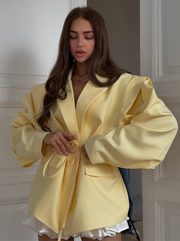 Street Lace Up Women's Blazer Yellow Button Long Sleeve Lapel Button Suit Jacket 2025 Spring Summer Lady Loose Casual Outwear