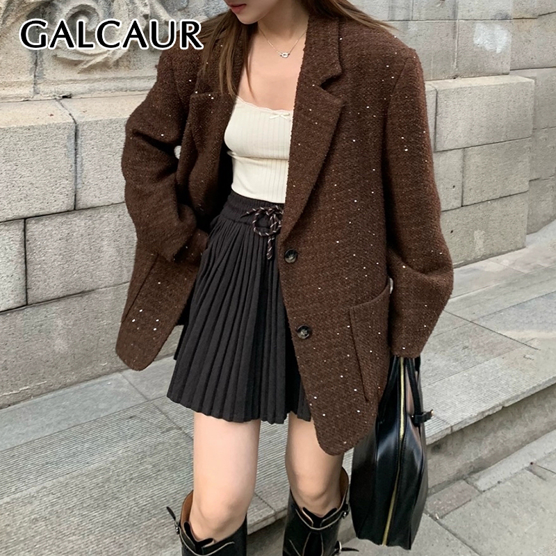 GALCAUR Sequins Design Loose Women Blazer Noted Collar Long Sleeve Spliced Single Button Autumn New Office Jacket Female Fashion