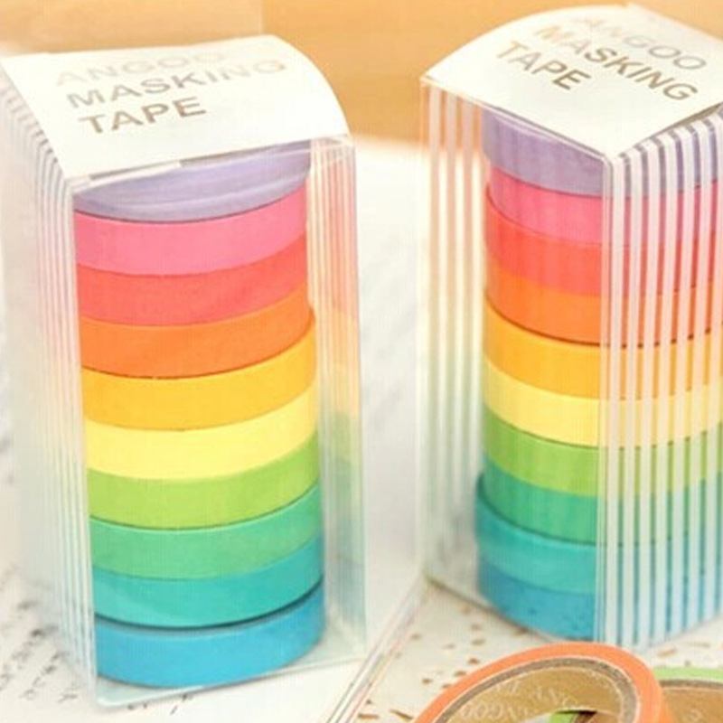10Pcs/box Creative Rainbow Masking Washi Sticky Paper Tape Adhesive Printing DIY Scrapbooking Decorate Washi Tape