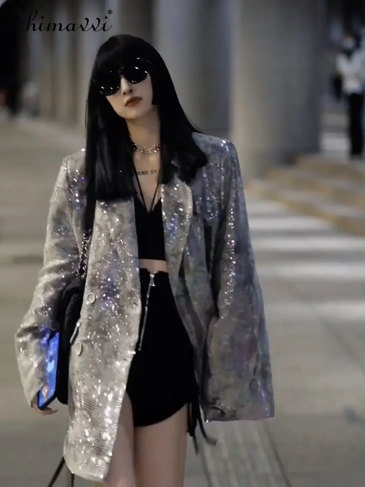 Spring 2025 New Fashion Sequined Suit Jacket Loose Slim Elegant Silver Gray Sequined Blazer Coat Women's Mid-Length Jackets