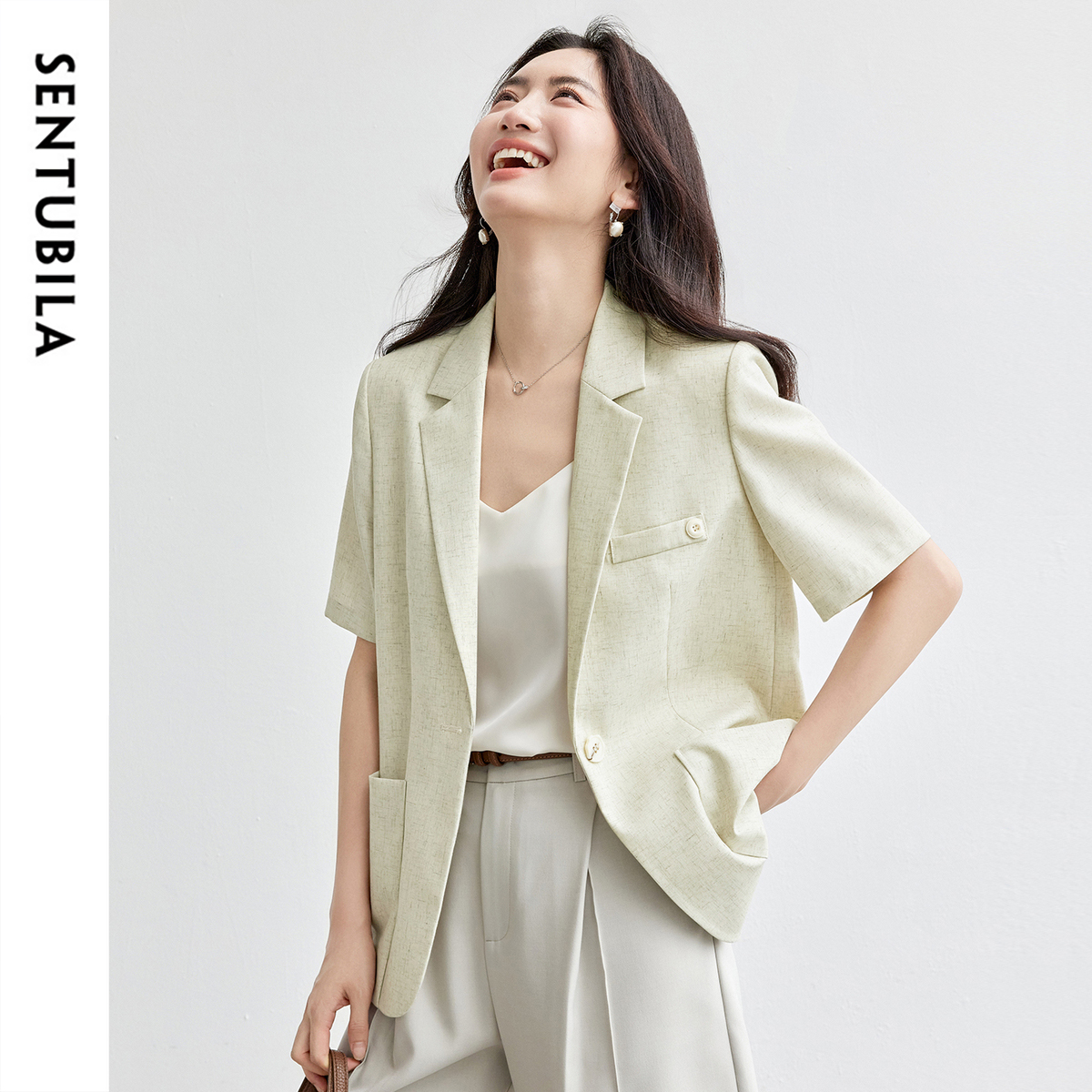 SENTUBILA Women's Light Green Jacket Short Sleeve Notched Collar Casual Blazers 2025 Summer Formal Business Outerwear 152X87898