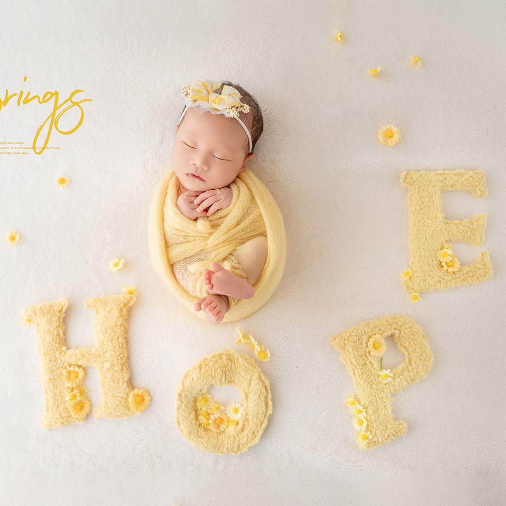 Newborn Photography Prop Set Soft Yellow Swaddle Wrapping "Hope" Letters&Floral Decor Props Studio Spring Baby Art Photo Props