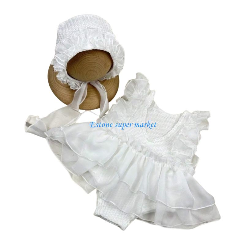 090B Soft and Breathable Baby Girls Jumpsuit Dress with Matching Headwear Props for Newborns Photoshoots Celebration